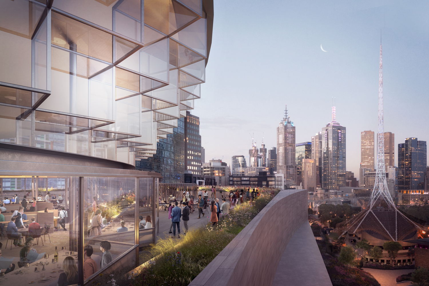 Aerial render of winning concept design for NGV Contemporary by Angelo Candalepas and Associates, rooftop terrace and restaurant at dusk . Render by Darcstudio.