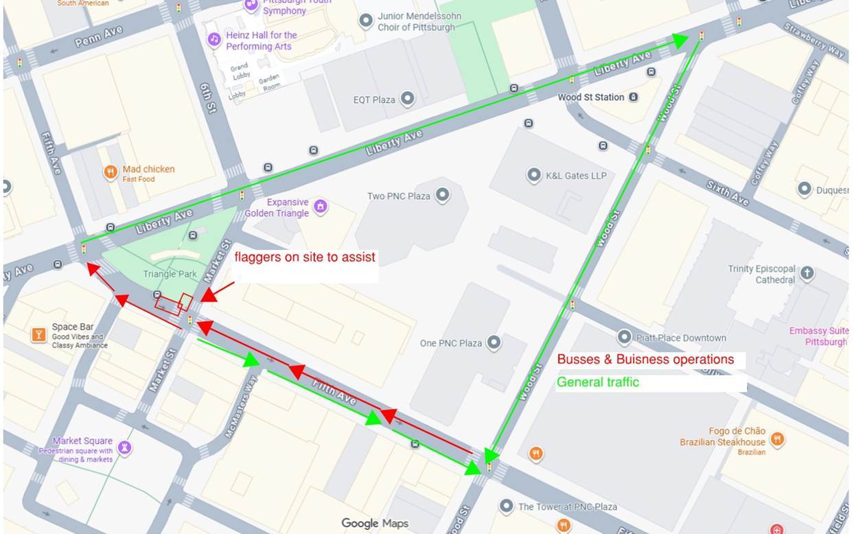 Temporary traffic pattern on Fifth Avenue between Market Street and Liberty Avenue
