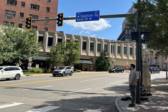 New traffic lights with accessible pedestrian signals recently placed at Sixth Avenue and Ross Street