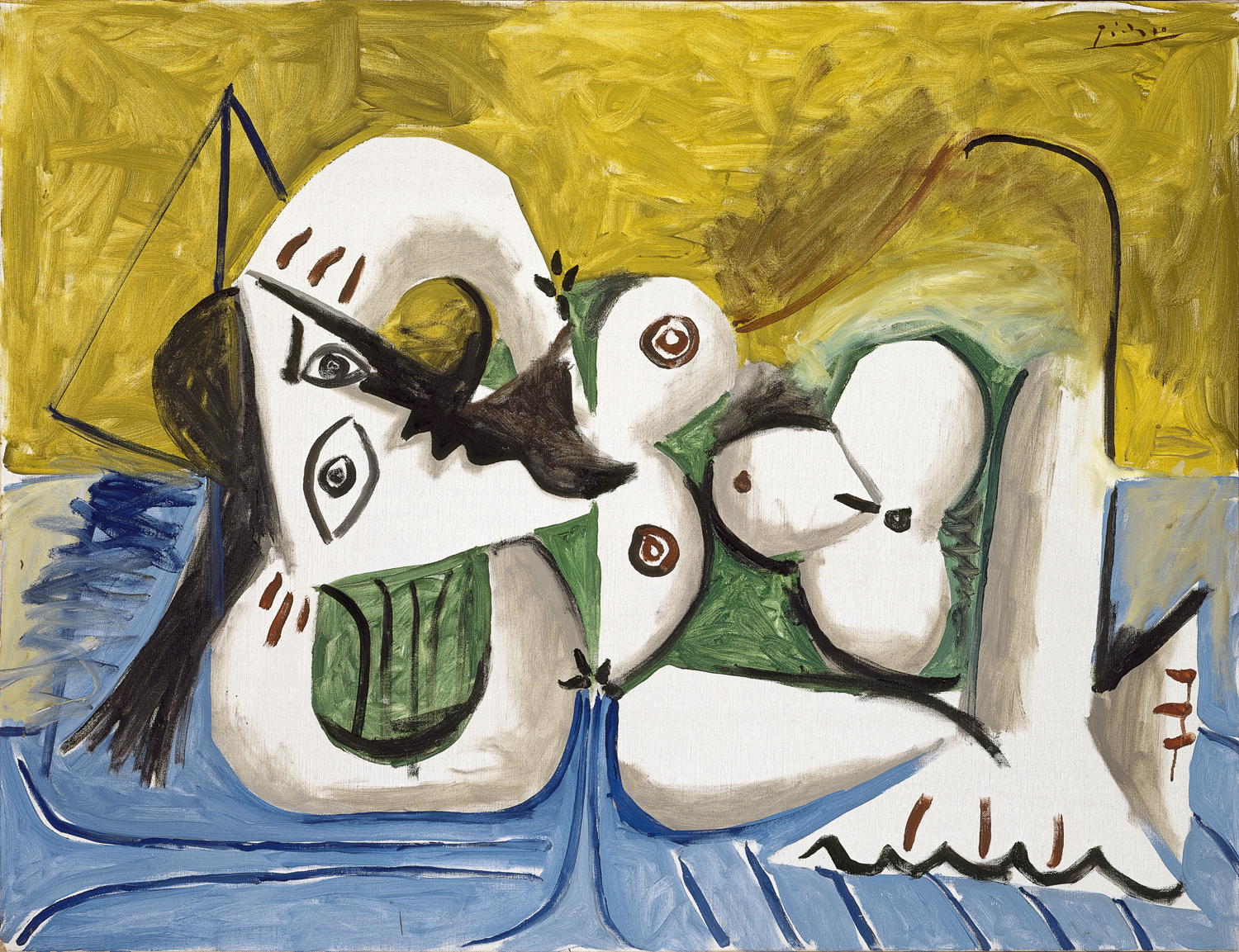 Pablo Picasso, Woman reclining on a blue sofa (Femme couchée sur un divan bleu), 20 April 1960, oil on canvas, 89.0 x 115.5 cm, 100.1 x 127.2 cm, (framed) Centre Pompidou, Paris, Musée national  d’art moderne-Centre de création industrielle, Donated by Louise and Michel Leiris, 1984 © Succession Picasso/Copyright Agency, 2022, Photo © Centre Pompidou, MNAM CCI/Service de la documentation  photographique du MNAM/Dist. RMN-GP