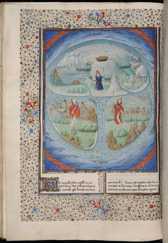 Mappamundi, Simon Marmion, dans La Fleur des Histoires, 1459-1463, Bibliothèque royale de Belgique, Cabinet des Manuscrits, 9231, fol. 281v.