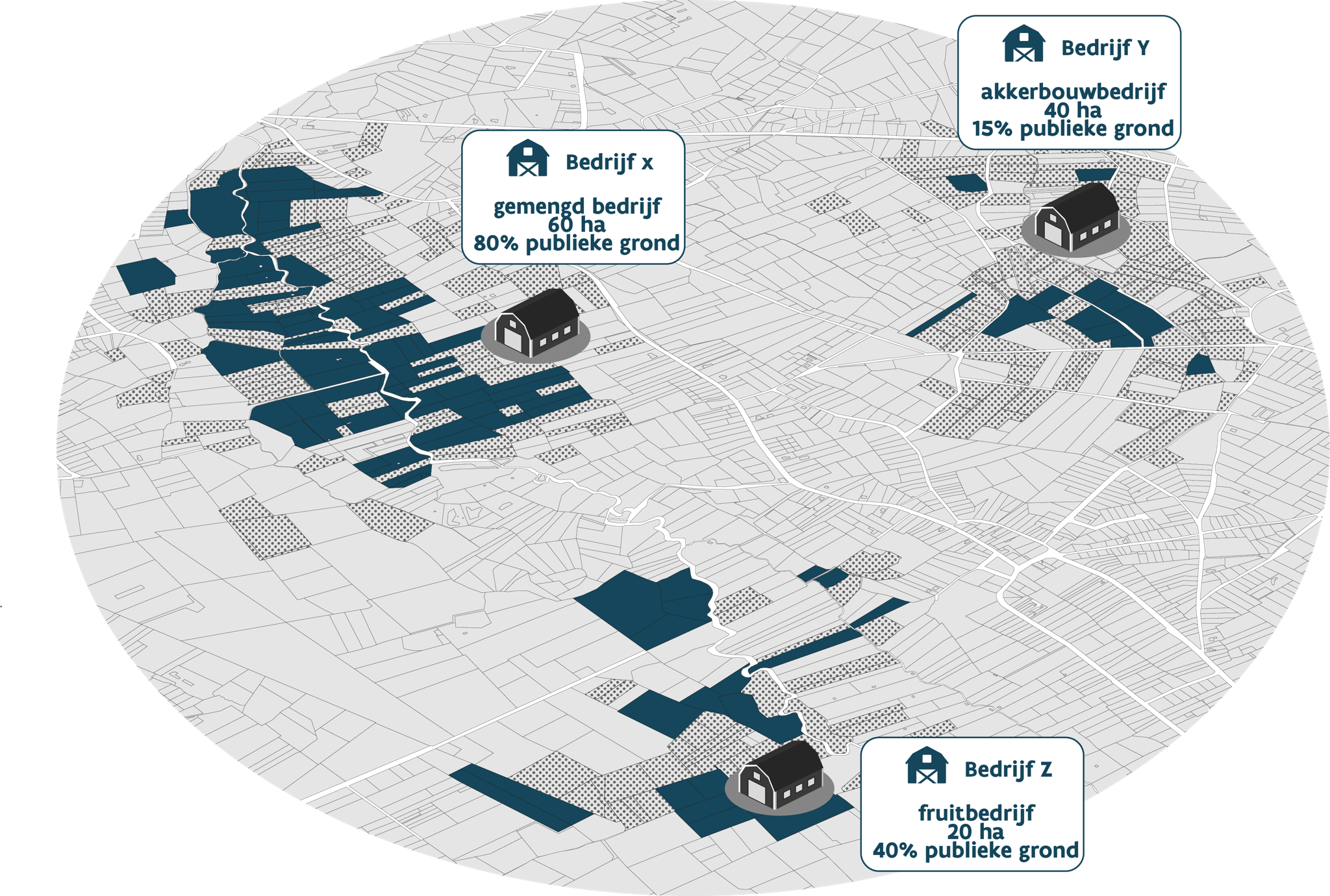 Landbouwbedrijven die publieke gronden bewerken, maken daarnaast vaak ook gebruik van private gronden. Dat maakt de ruimtelijke impact van de publieke landbouwgronden nog een stuk groter. Bron: ILVO (schematische weergave)