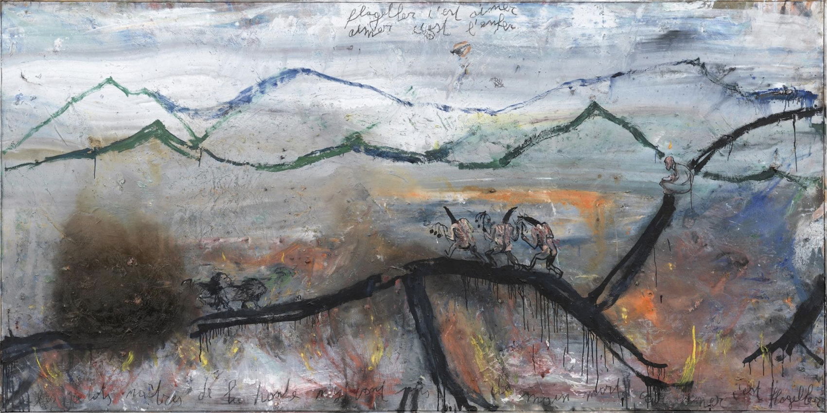 PHILIPPE VANDENBERG (1952–2009), Aimer c'est flageller II (To Love is to Flagellate II), 1981–1998.152 x 302 cm, Oil and Charcoal on canvas. © The Estate of Philippe Vandenberg / Courtesy Hauser & Wirth