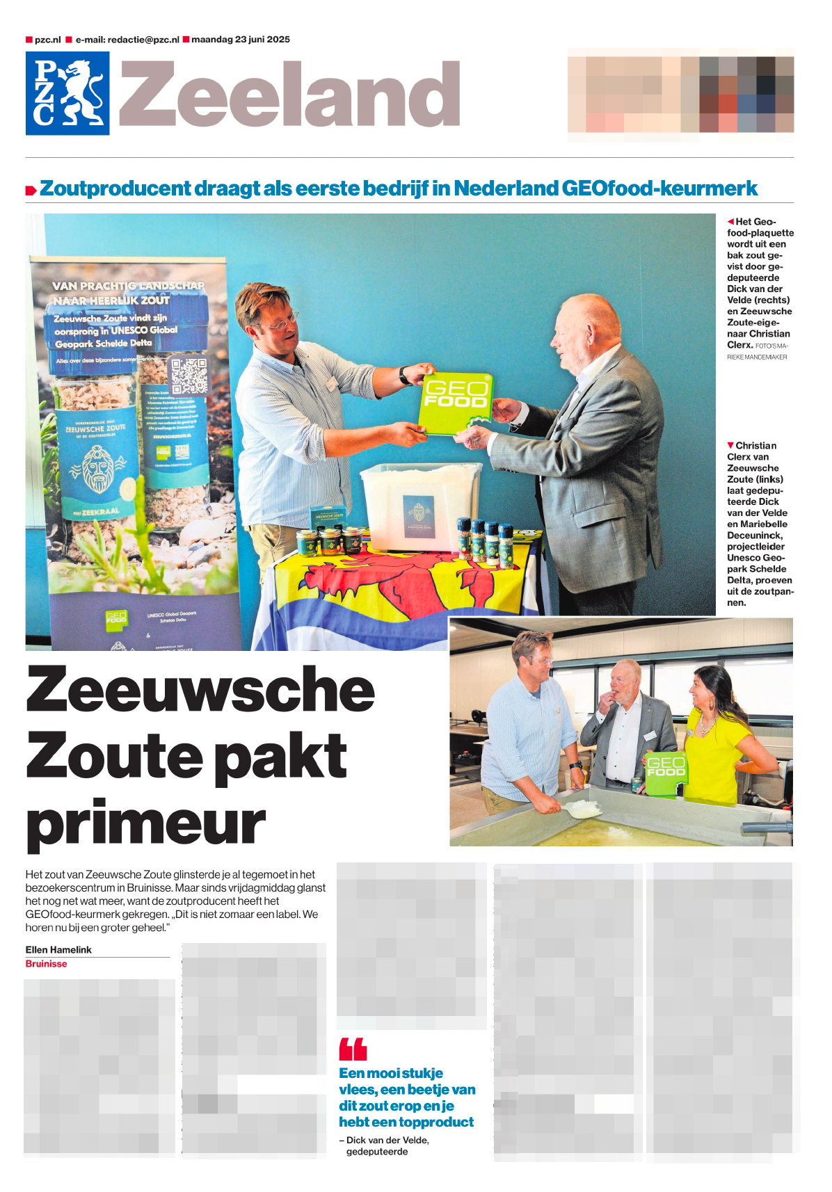 Zeeuwsche Zoute en GEOfood-keurmerk op voorpagina PZC