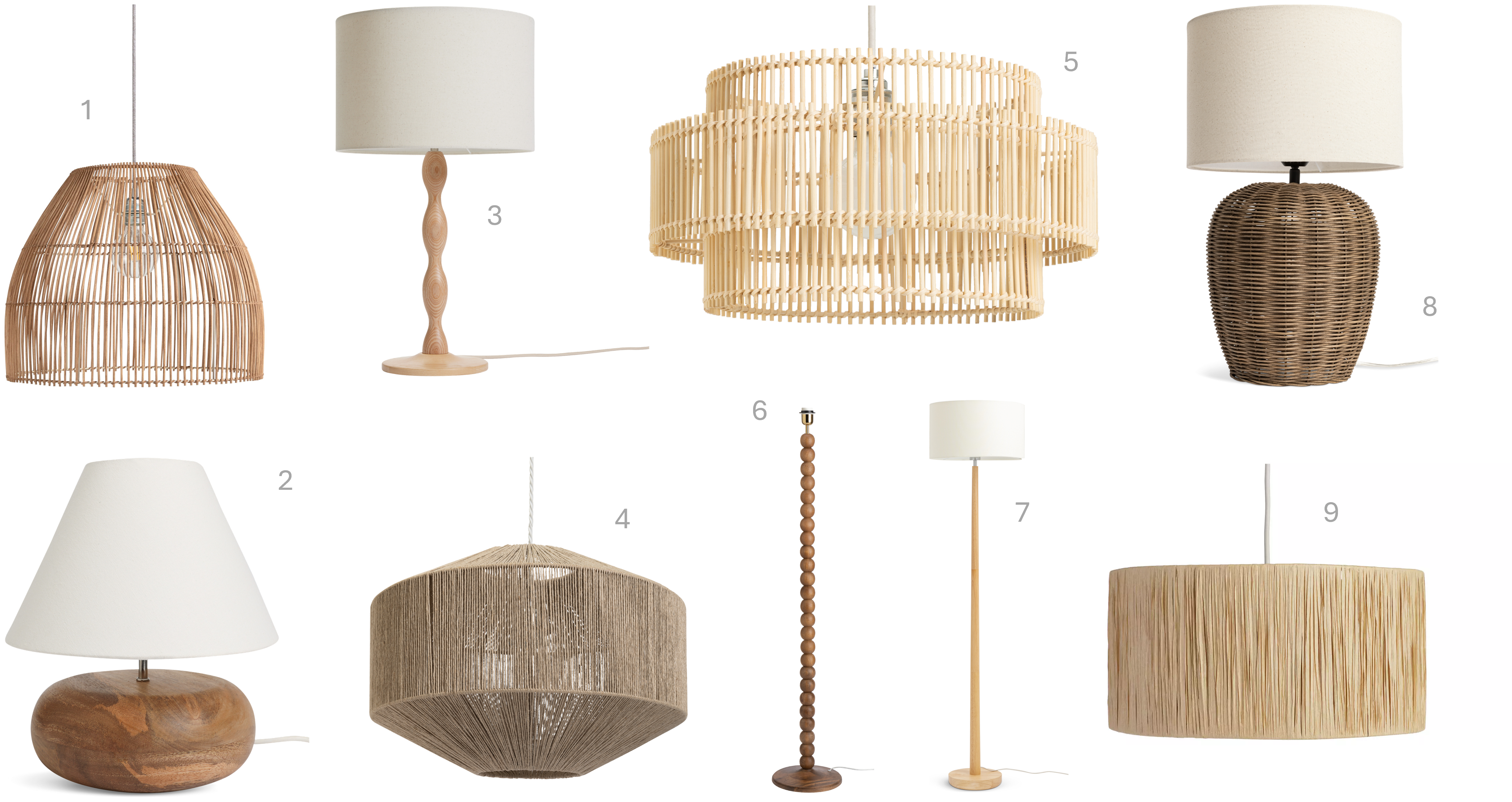 1.Habitat Emillius 41x51cm Rattan Pendant Shade - Natural, £75, 2.Habitat Pebble Mango Wood Table Lamp - Natural and White, £32, 3.Habitat Bobbin 55cm Ash Wood Stick Table Lamp - Natural, £45, 4.Habitat Jute 30x45cm Oversized Easy Fit Lampshade - Natural, £40, 6.Habitat Bamboo 21x40cm 2 Tier Shade - Natural, £40, 6.Habitat Bobbin Mango Wood Floor Lamp Base - Walnut, £60, 7.Habitat Malaren Rubber Wood Tapered Floor Lamp - Natural, £65, 8.Habitat Wicker Pear 49cm Rattan Table Lamp - Natural, £38, 9.Habitat Salto Beige Raffia Drum Lampshade - 40cm, £20