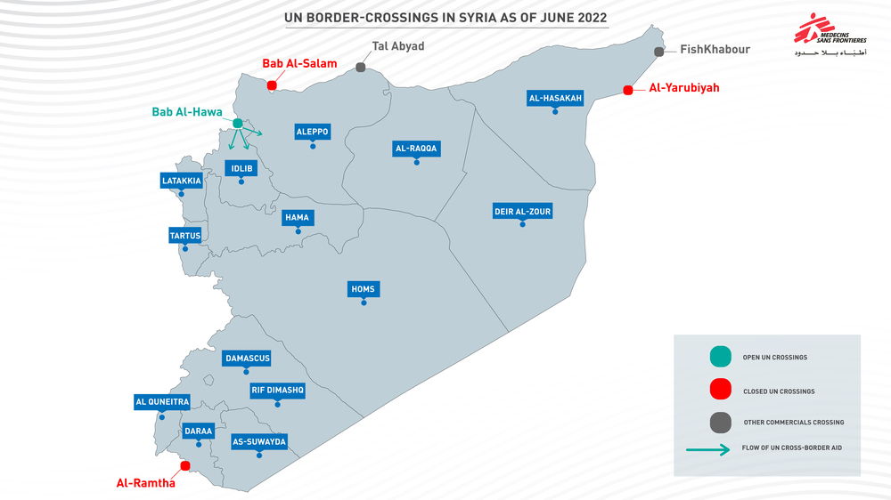Mapa de los pasos fronterizos para la entrega de ayuda humanitaria (abiertos y cerrados) y de los pasos comerciales.
