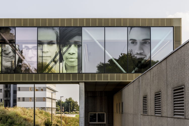 Het kunstwerk ‘Colors and Figures’ van de internationaal gerenommeerde Zwitserse kunstenaar Beat Streuli op de passerelle tussen het UZ Brussel en de VUB-Faculteit Geneeskunde en Farmacie staat letterlijk en figuurlijk symbool voor verbinding. De combinatie van portretten en kleurvlakken visualiseert de zorg voor de mens in één geheel zonder onderscheid te maken tussen mensen die zorg verlenen, zorg nodig hebben of van zorg hun toekomst willen maken - Fotograaf: Sophie Nuytten Het kunstwerk ‘Colors and Figures’ van de internationaal gerenommeerde Zwitserse kunstenaar Beat Streuli op de passerelle tussen het UZ Brussel en de VUB-Faculteit Geneeskunde en Farmacie staat letterlijk en figuurlijk symbool voor verbinding. De combinatie van portretten en kleurvlakken visualiseert de zorg voor de mens in één geheel zonder onderscheid te maken tussen mensen die zorg verlenen, zorg nodig hebben of van zorg hun toekomst willen maken - Fotograaf: Sophie Nuytten