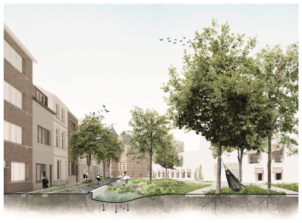 Mogelijk toekomstbeeld doorsnede Maréestraat en buurtpark, met achteraan zicht op het districthuis © Kollektif Landscape 