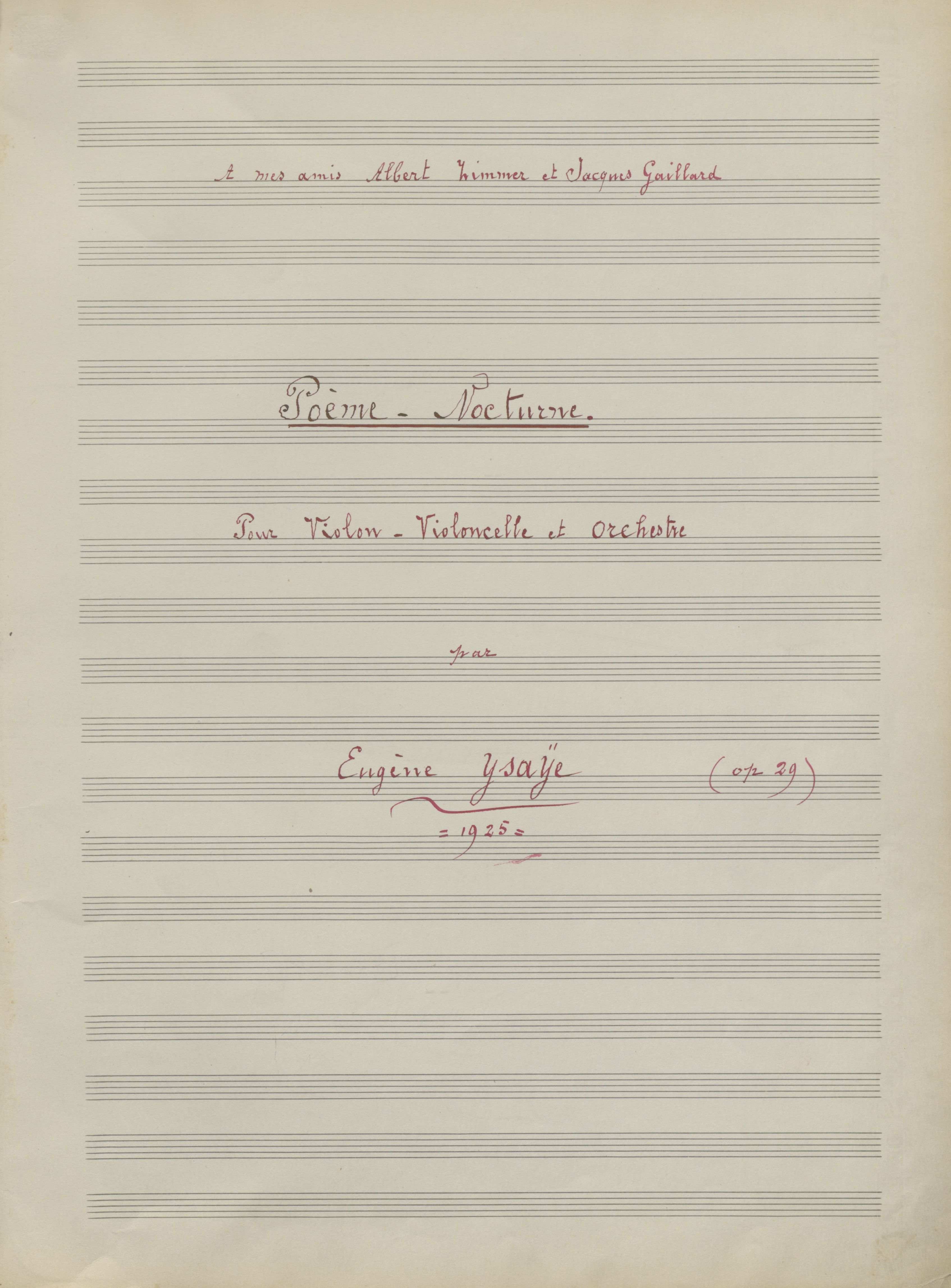 Partituur 'Poème nocturne' van Eugène Ysaÿe in bruikleen gegeven aan de Koninklijke Bibliotheek van België