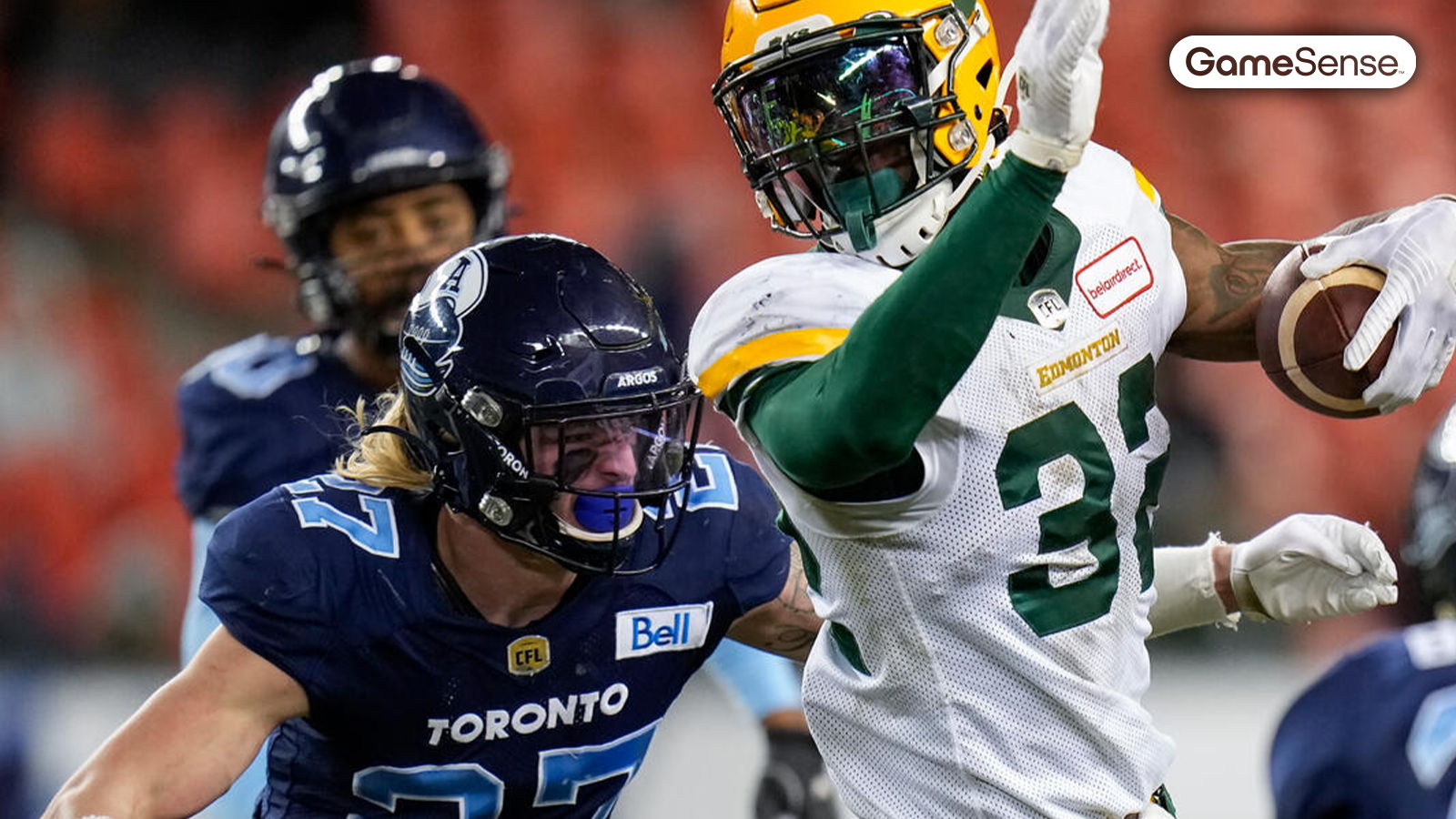 Josh Hagerty (27) during second half ​ of CFL football action in Toronto on Nov. 16, 2021 - Photo Courtesy: CP Images