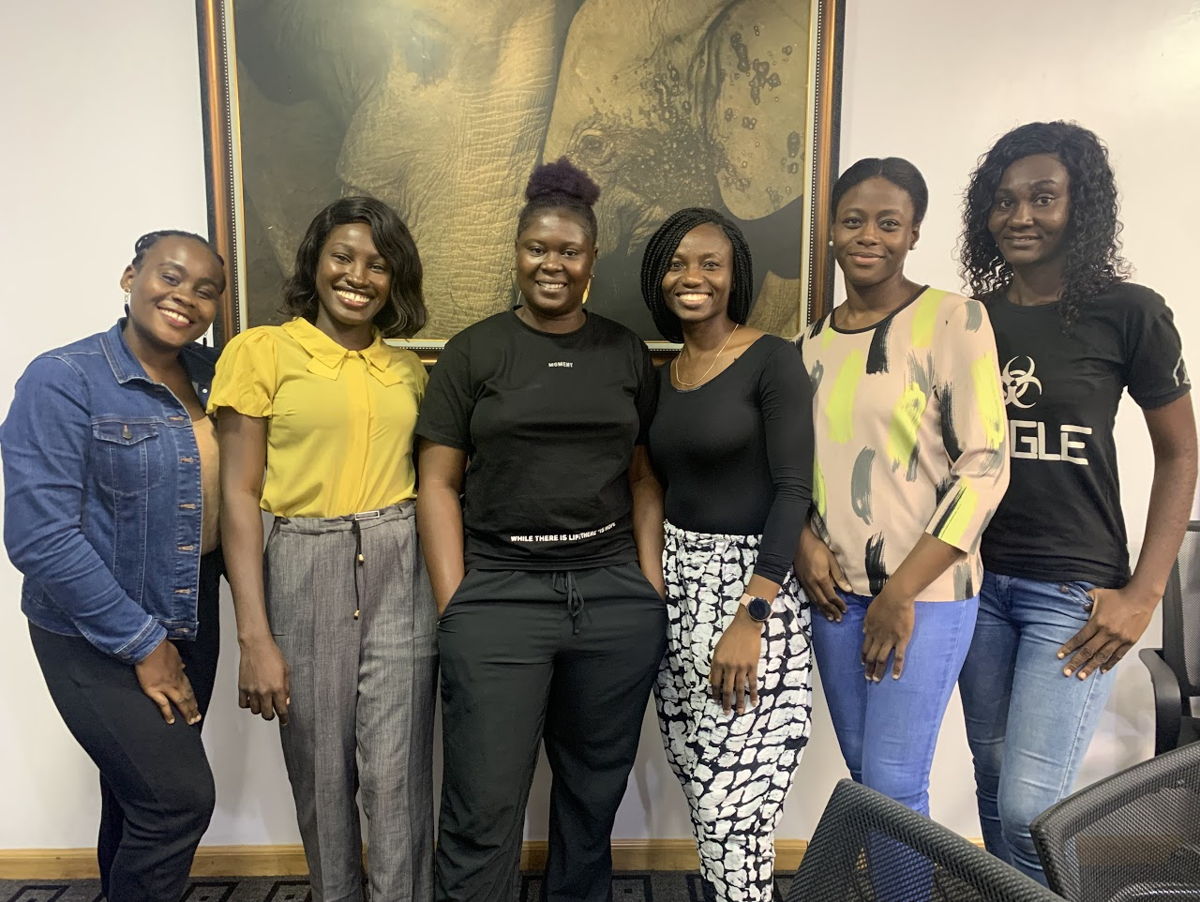 2022 Audio Girl Africa Scholarship recipients and staff (l/r) Glory Rex, Abigael Seun Akintola, founder & director Phebean Adedamola Oluwagbemi, Adetutu Idris Halimat, Idono Onyemunosa-Ibeabuchi, Audio Girl EA Jennifer Okotie-Eboh   (Image courtesy of Audio Girl Africa)