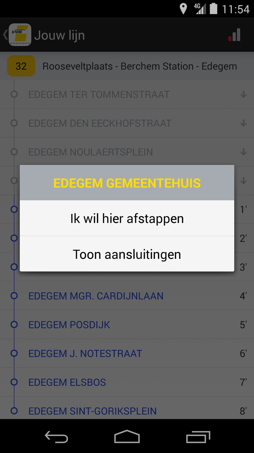 De Lijn - app halteaankondiging
De reiziger kan zijn afstaphalte kiezen en aansluitende lijnen opvragen