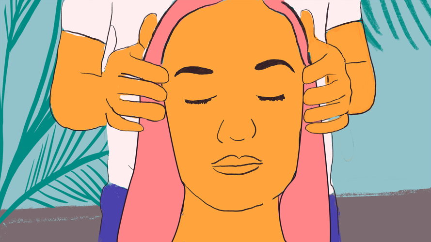 Illustration of a woman having her head massaged. Copyright: Carrie Hawks/MSF