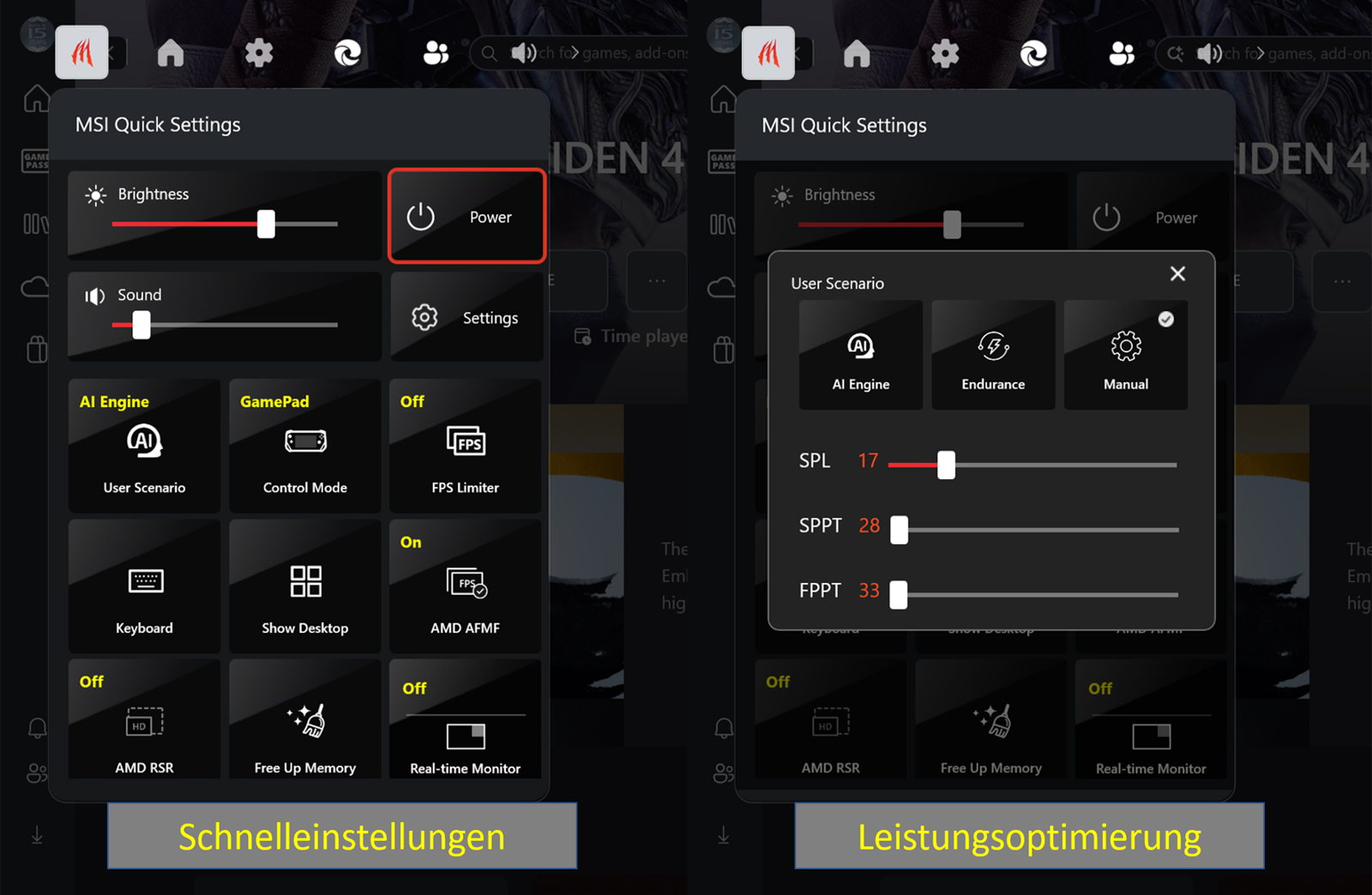 One click opens MSI Quick Settings to use tools and adjust power settings.
