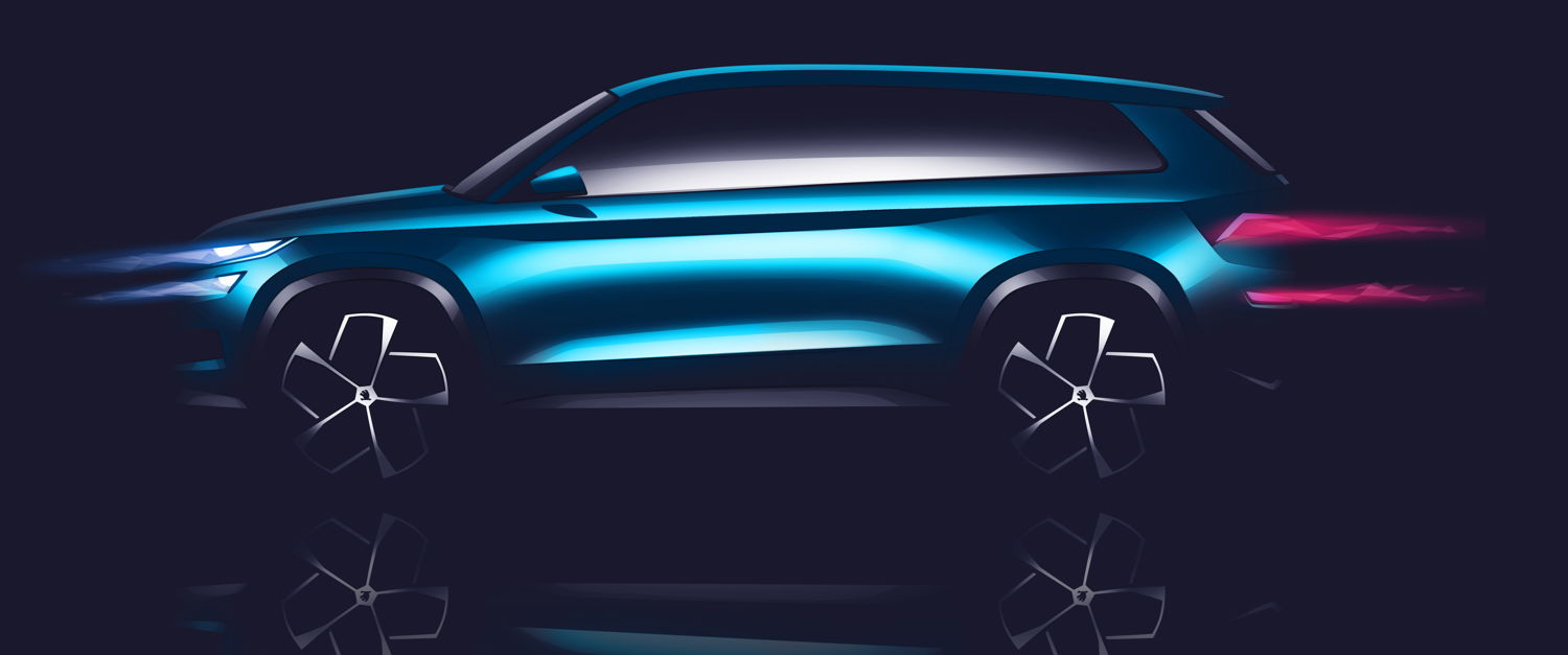 The side view also illustrates the strong SUV character of ŠKODA’s VisionS. The sharp tornado line spans the entire length of the powerful car body. The wheel arches are angular, emphasizing the off-road character. The upper-shoulder contour forms a deep groove over the sills.