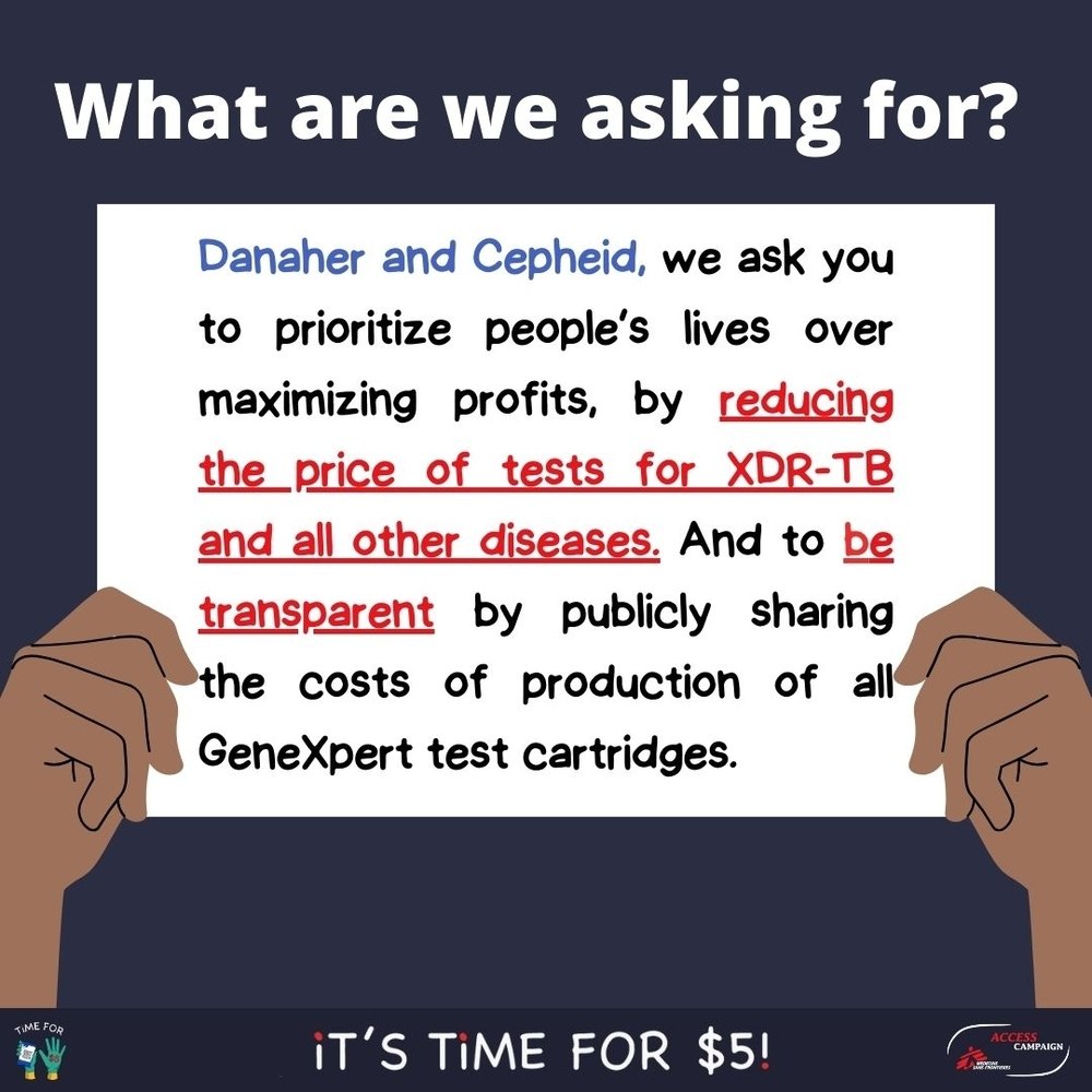 The 'Time for $5' campaign calls on US diagnostics corporation Cepheid, and its parent company Danaher, to drop the price of its lifesaving GeneXpert tests to US$5 a test, so that many more people can get access to fast and accurate disease diagnosis. | Date taken: 01/03/2024 | Copyright: MSF The 'Time for $5' campaign calls on US diagnostics corporation Cepheid, and its parent company Danaher, to drop the price of its lifesaving GeneXpert tests to US$5 a test, so that many more people can get access to fast and accurate disease diagnosis. | Date taken: 01/03/2024 | Copyright: MSF
