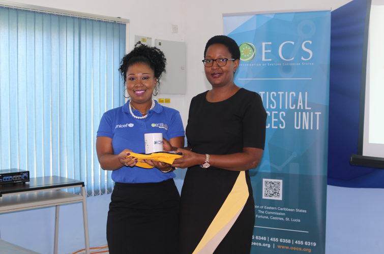 Ms. Abiola Sandiford, Information Officer in the Statistics Services Unit, makes presentation to UNICEF representative.