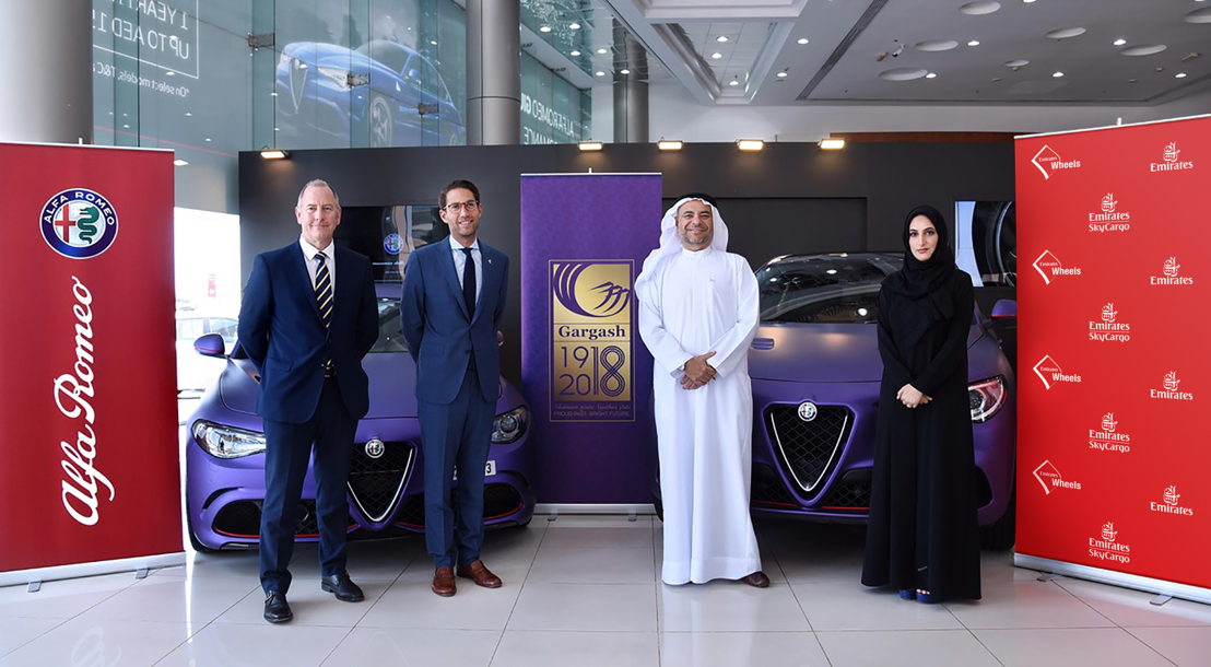 Emirates SkyCargo partners with Gargash to transport Alfa Romeos to London. From L to R: Robert Hazelwood, CEO Automotive division, Gargash Group; Karim Corm, Regional Brand Manager FCA ( Fiat Chrysler Automobiles Middle East FZE) ; Shehab Gargash, Managing Director & Group CEO, Gargash Group; Moaza Al Falahi, Emirates Vice President, Cargo Product Development and UAE National Affairs