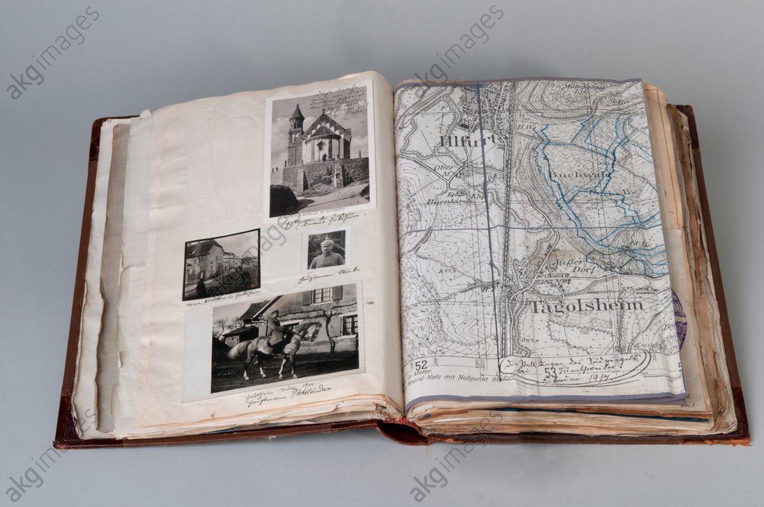 "History of Reinforcement Battalion 161" (album collected together by a Captain Rottländer, 1917): double page with photographs and map. (AKG1673824)