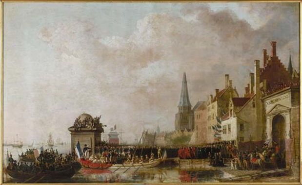 Intrede van Napoleon langs de Grote Bierpoort in 1803. Schilderij van Matthieu Ignace van Bree (MAS-collectie.) Vooraan rechts ligt de Kleine Bierpoort waarvan de monumentale resten onder de kaaivlakte liggen.