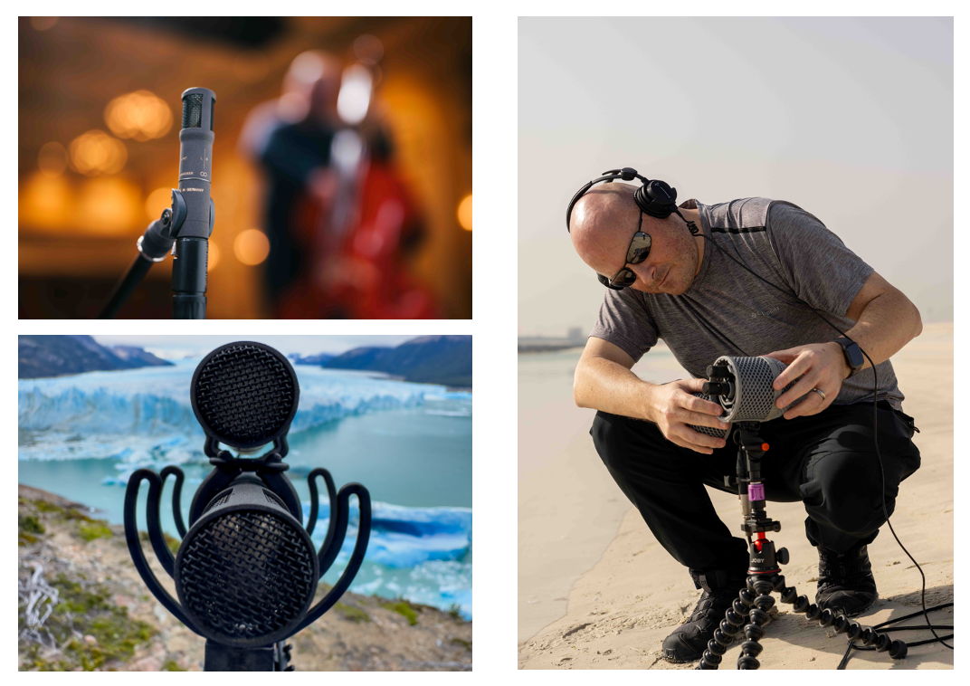 The Sennheiser MKH 8000 series is at home in the most diverse recording situations, from the orchestra pit to field recording in extreme climates (photo credit for the fjord shot: Thomas Rex Beverly). The right-hand picture shows Simon Charles from Sound in Dubai, making an MS stereo recording using the new MKH 8030. Simon has more than two decades of expertise in sound production, encompassing a diverse range of projects such as short films, features, TV series, documentaries, commercials, and corporate productions (Photo credit: Zeus Mehri)