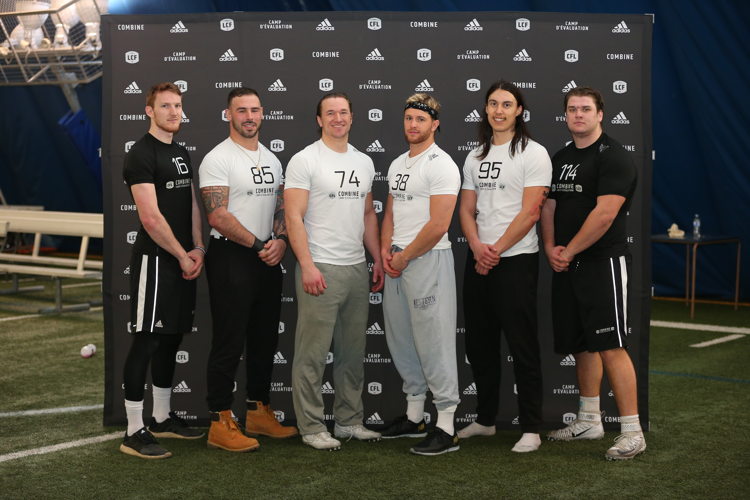 L -> R: Harry McMaster, Eric Mezzalira, Paul Kozachuk, Jordan Beaulieu, Jacob Firlotte, and Sam MacMillan at the Ontario Regional combine presented by adidas. Photo credit: Alex D'Addese/CFL.ca