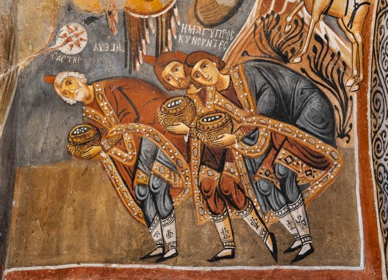 Adoration of the Magi, with Melchior, Balthasar and Gaspar offering gifts, fresco, detail, 1000-50 by Constantinople artists, on the 2nd bay of the north wall of the Karanlik Church or Dark Church. AKG10885303 © akg-images / Manuel Cohen 