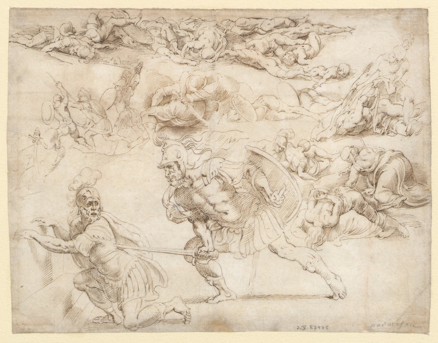 Een studieblad van de twintigjarige Pieter Paul Rubens met twee Romeinse soldaten en verschillende gevechtstaferelen