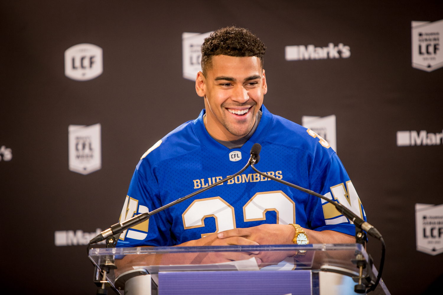 Andrew Harris, demi offensif des Blue Bombers de Winnipeg. Crédit : Reid Valmestad/LCF