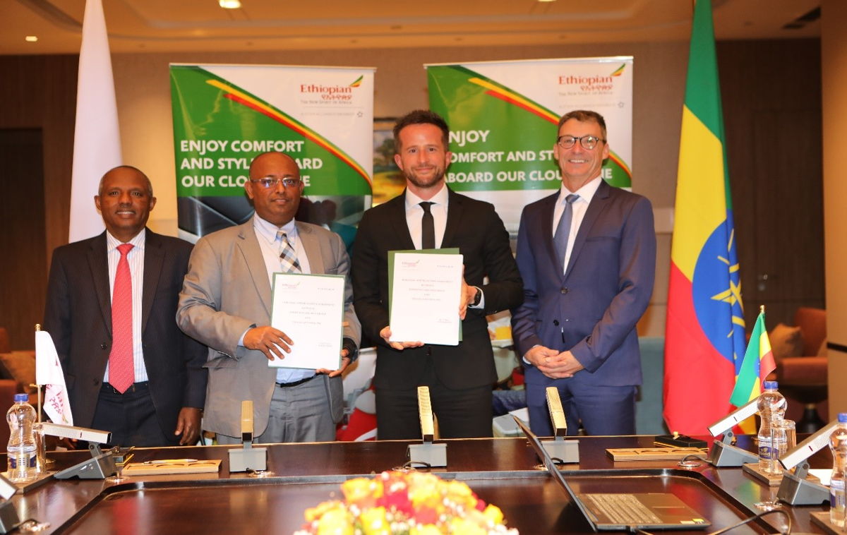Ethiopian Airlines and Thales at contract signing ceremony (Pictured above left to right:  Mesfin Tasew: Group Chief Executive Officer – Ethiopian Airlines Group, Retta Melaku: COO – Ethiopian Airlines, Mathieu Franco: Senior Account Manager - Thales Thales InFlyt Experience, Bruno Guinamand: Regional Vice President - Thales InFlyt Experience)