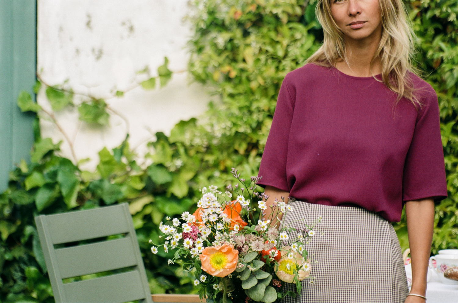 Mardi Editions - Top Daphné Wool crepe Dark pink (135€) and Flore mini-skirt ( 130€) Linen Vichy