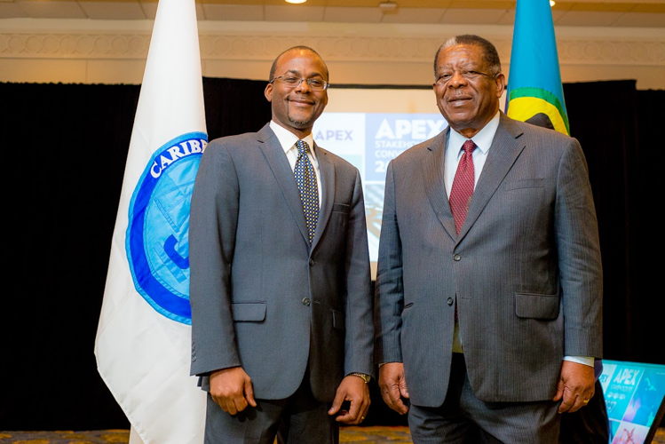 Executive Director of APEX, Bevil Wooding, with President of the Caribbean Court of Justice, Sir Dennis Byron.