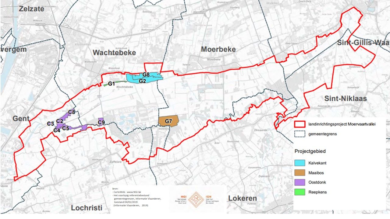 Situeringskaart landinrichtingsproject Moervaartvallei en 4 projectgebieden