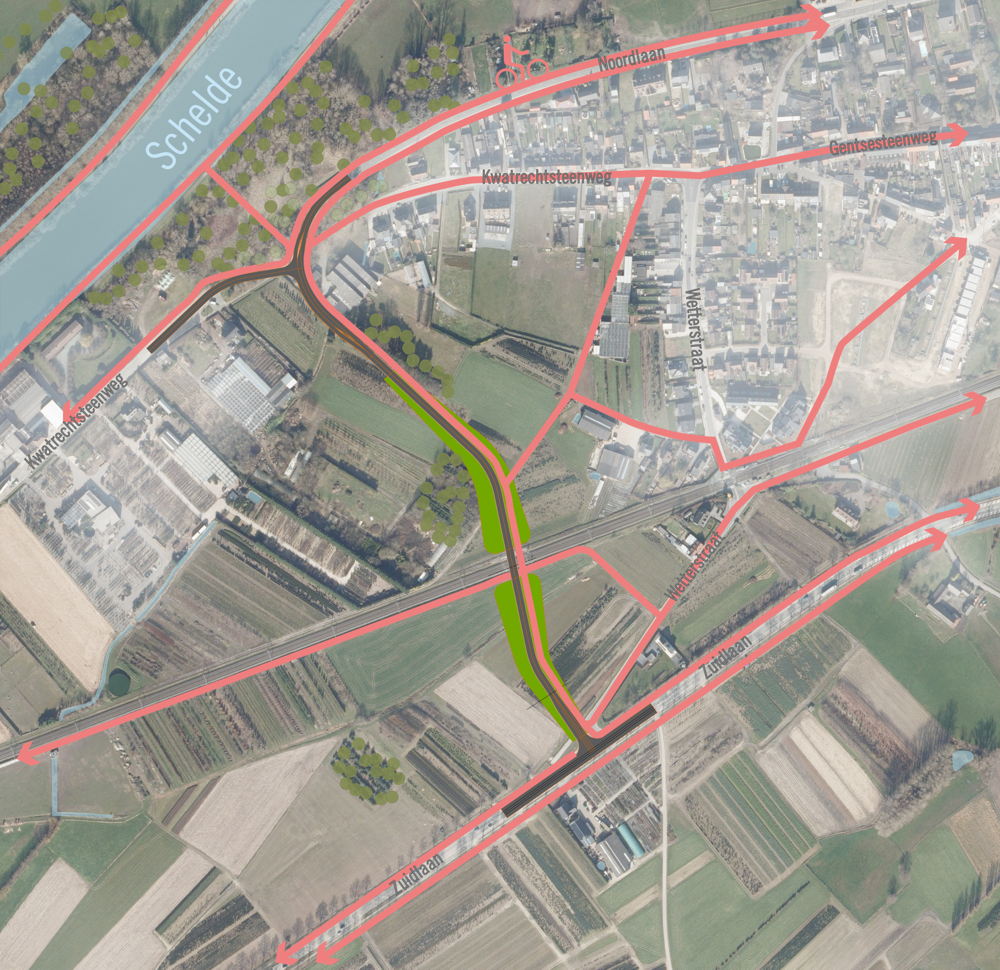 Kaart tracé overweg met nieuwe spoorwegbrug