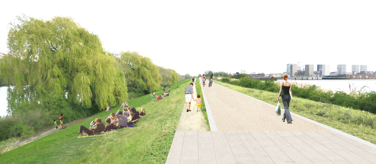 Toekomstbeeld van de verhoogde wandeldijk tussen het Noordkasteel en de Schelde.

©Ontwerpteam Ringpark Noordkasteel - TV Studio Paola Viganò – Grafton Architects - TV MAARCH