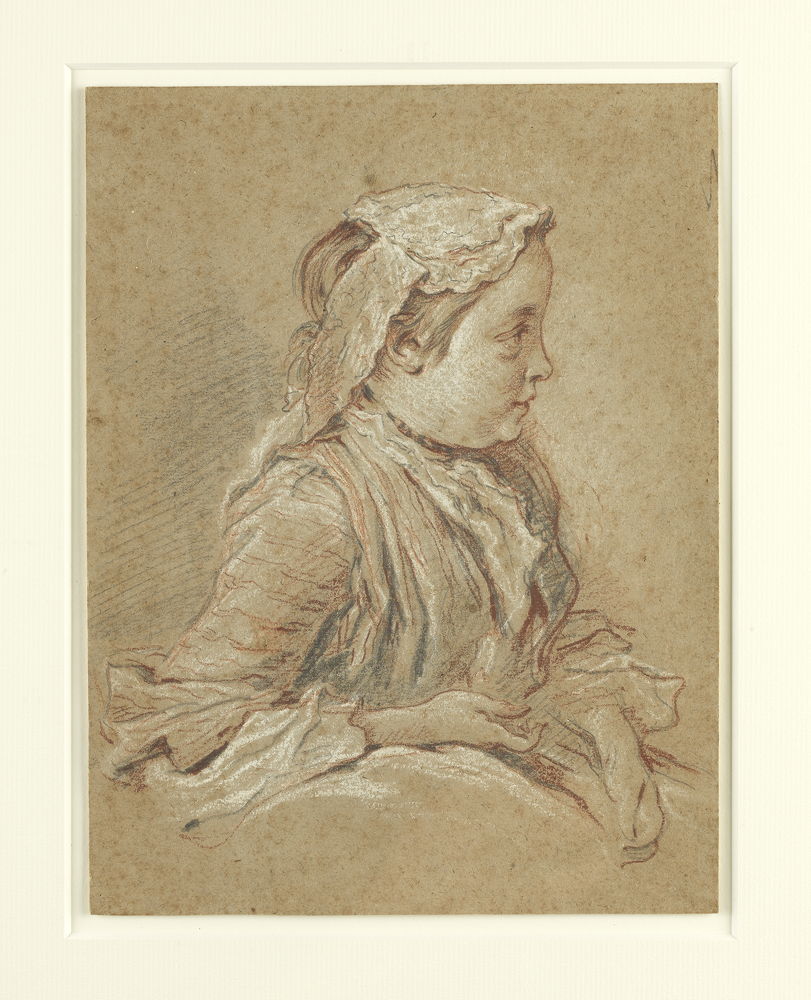 François Boucher (Paris 1703 – 1770)  Jonge vrouw met kanten muts Rood en zwart krijt, wit gehoogd  .Langdurige bruikleen van Stichting Jean van Caloen 