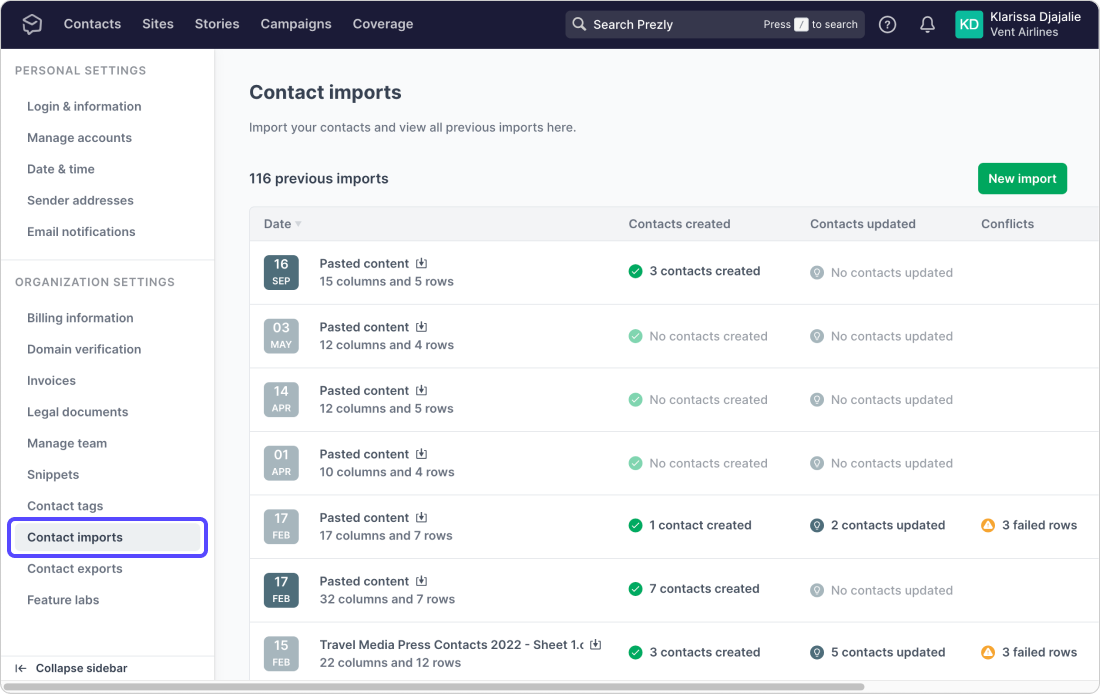 View a full history of your imports and exports