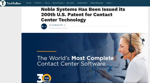Noble Systems Has Been Issued its 200th U.S. Patent for Contact Center Technology