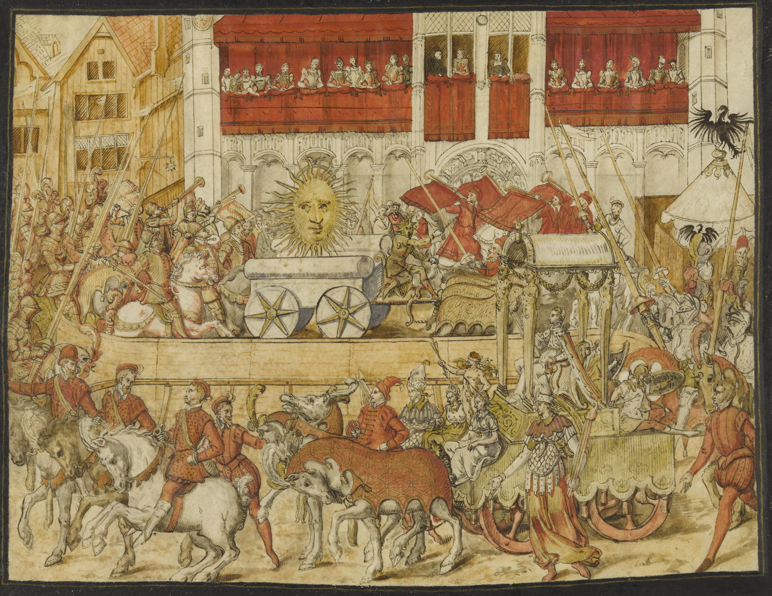 Anoniem (Zuid-Nederlands), ‘Het toernooi op de Grote Markt van Brussel op 4 december 1565’ (detail), uit het Album van Brussel, 1565-1566, Inw.zb.d. 10256 © From the collection of the University of Warsaw Library