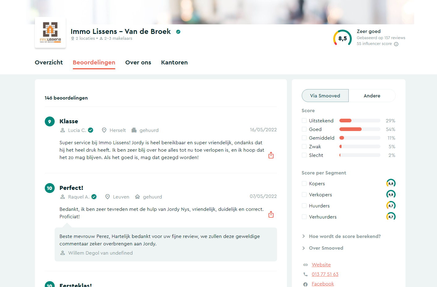 Alle reviews van een makelaar vind je terug op zijn profiel