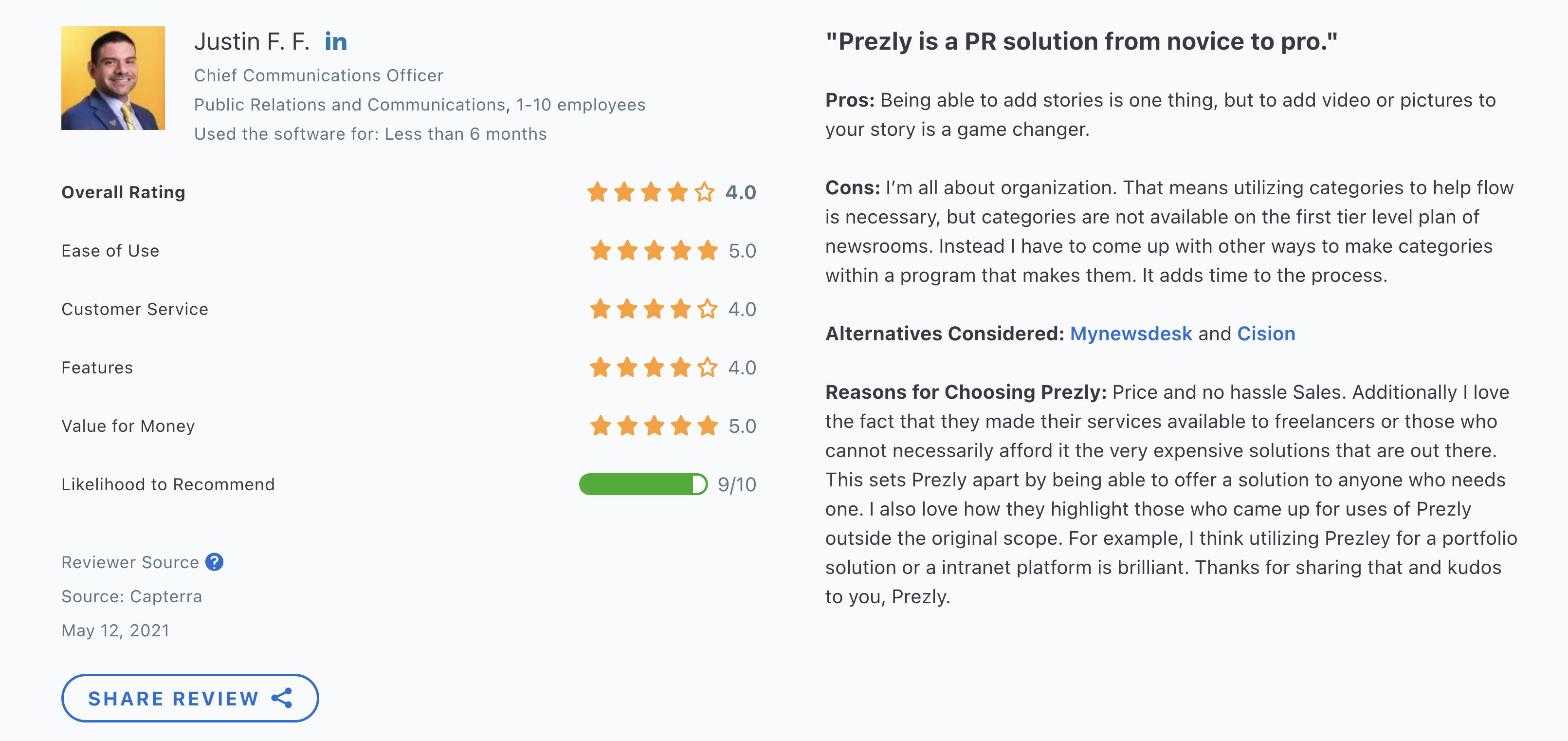 Verified Prezly review on Capterra.