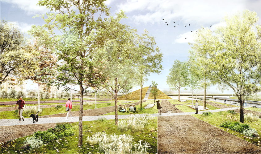 Zicht op de uitkijkheuvel aan het einde van het Ringpark Groenendaal, in de natuurtuin tussen het spoor en de Ring.
© Ontwerpteam Ringpark Groenendaal - BUUR – Latz – Greisch – Studio Woodroffe Papa Zicht op de uitkijkheuvel aan het einde van het Ringpark Groenendaal, in de natuurtuin tussen het spoor en de Ring.
© Ontwerpteam Ringpark Groenendaal - BUUR – Latz – Greisch – Studio Woodroffe Papa