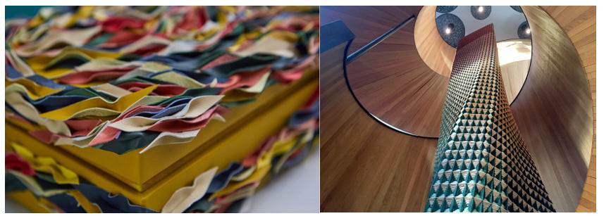 Above: Tiffany Loy’s response to the brief of “Treasure Chest” for Wallpaper* Handmade 2019 (left) ​ and ​ The Weaverly Way - a twisting column in the centre of the stairwell at CitizenM Bankside, produced in collaboration with Gainsborough Weaving and presented at London Craft Week 2020 (right).