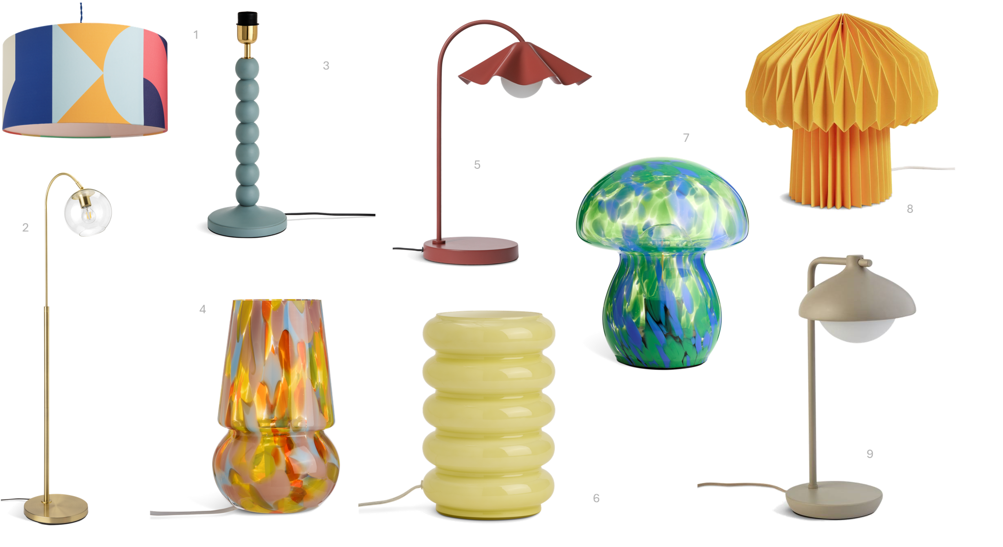 1. Habitat 60 Geometric Printed Easy Fit Drum Lampshade, £38, 2.Habitat Coleman Brass Floor Lamp, £55, 3. Habitat Bobbin Mango Wood Base Only Table Lamp Blue, £26, 4. Habitat Rahnn Confetti Glass Table Lamp Pastel, £30, 5.Habitat Yuno Pleat Table Lamp, £55, 6. Habitat Ribbed Glass Table Lamp Yellow, £30, 7. Habitat Mushroom Battery Lamp Blue Green Confetti, £12, 8.Habitat Origami Mushroom Paper Table Lamp – Yellow, £15, 9.Habitat Acorn Metal Desk Lamp – Latte, £40 1. Habitat 60 Geometric Printed Easy Fit Drum Lampshade, £38, 2.Habitat Coleman Brass Floor Lamp, £55, 3. Habitat Bobbin Mango Wood Base Only Table Lamp Blue, £26, 4. Habitat Rahnn Confetti Glass Table Lamp Pastel, £30, 5.Habitat Yuno Pleat Table Lamp, £55, 6. Habitat Ribbed Glass Table Lamp Yellow, £30, 7. Habitat Mushroom Battery Lamp Blue Green Confetti, £12, 8.Habitat Origami Mushroom Paper Table Lamp – Yellow, £15, 9.Habitat Acorn Metal Desk Lamp – Latte, £40 