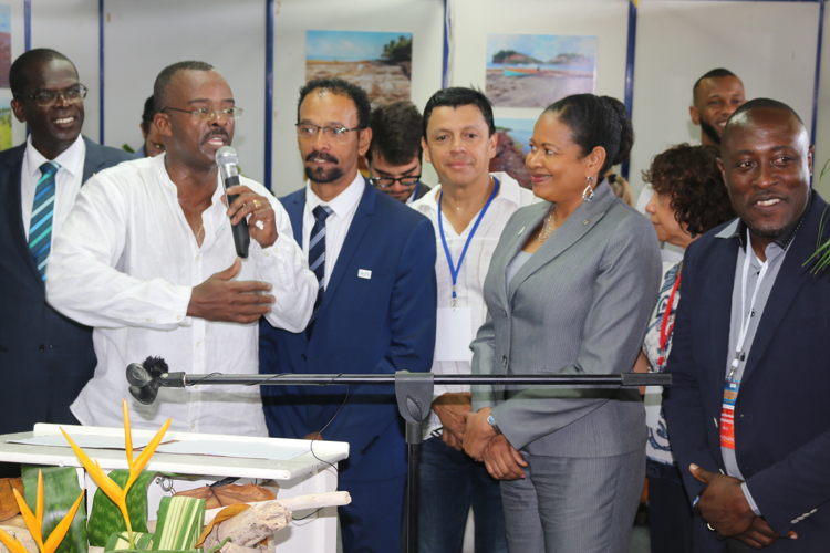 1st International Conference on Sargassum in Guadeloupe (Day 2). Opening of SARG'EXPO by the President of the Regional Council of Guadeloupe Ary Chalus along with international delegations.