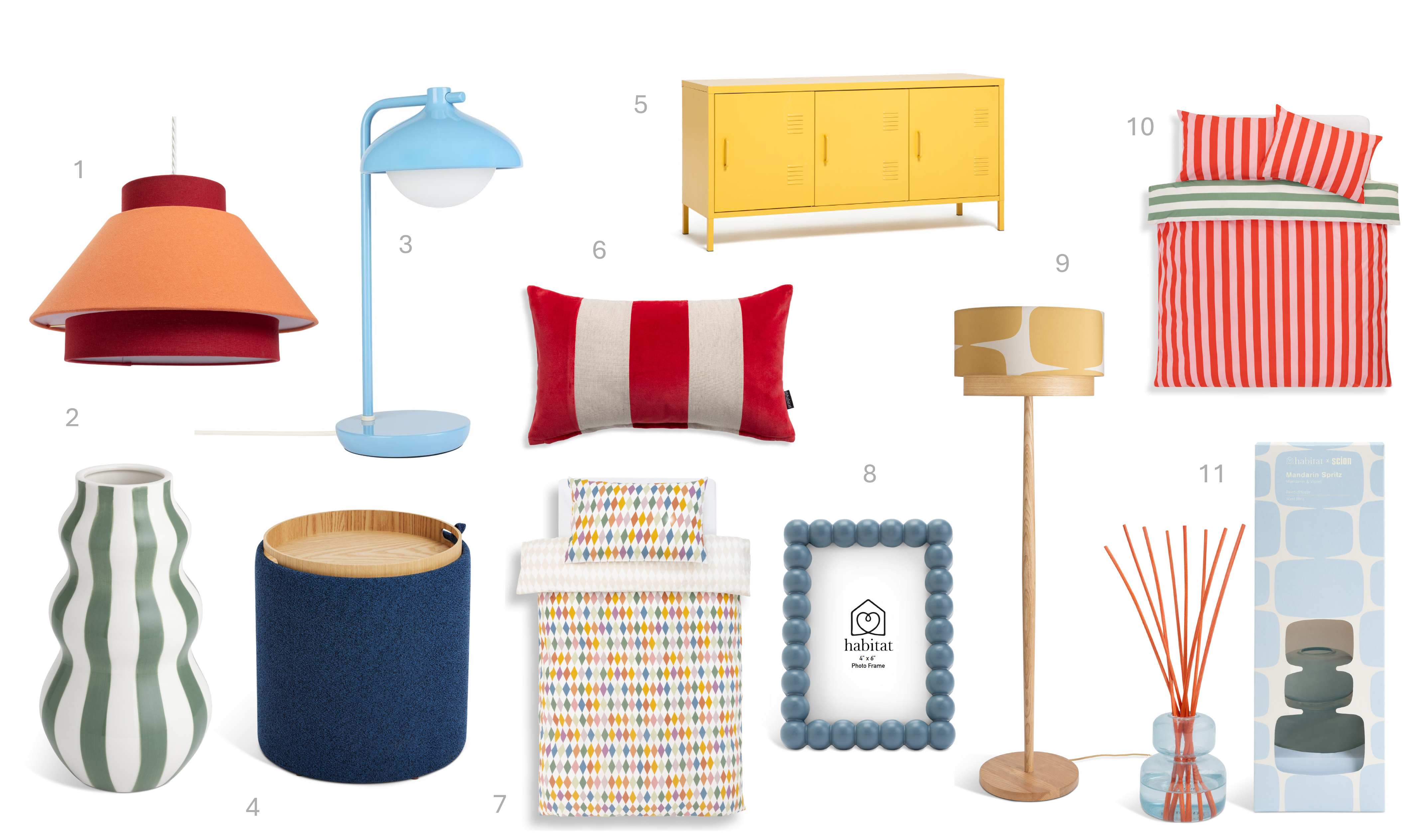 1.Habitat Stacked 25x40cm 3 Tier Easy Fit Lampshade - Red, £25, 2.Habitat Hand Painted Stripe Vase - Green, £14, 3.Habitat Acorn Desk Lamp - Cornflower Blue, £40, 4.Habitat Ingo Side Table - Blue, £50, 5.Habitat 3 Door Locker - Mustard, £125, 6.Habitat Velvet and Linen Stripe Cushion - Red - 30x50, £12, 7.Habitat Harlequin Print Kids Bedding Set - Single, £13, 8.Habitat Bobble Picture Frame - Blue - 17x13cm, £6, 9.Habitat x Scion Lohko Floor Lamp, £140, 10.Habitat Scandi Festive Wide Stripe Bedding Set - Double, £22, 11.Habitat x Scion Lohko Reed Diffuser - Mandarin & Violet, £14