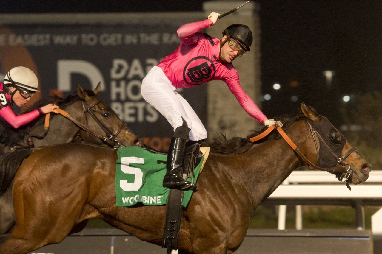 Candy Overload and jockey Sahin Civaci winning the Kennedy Road Stakes on Sunday at Woodbine (Michael Burns Photo)
