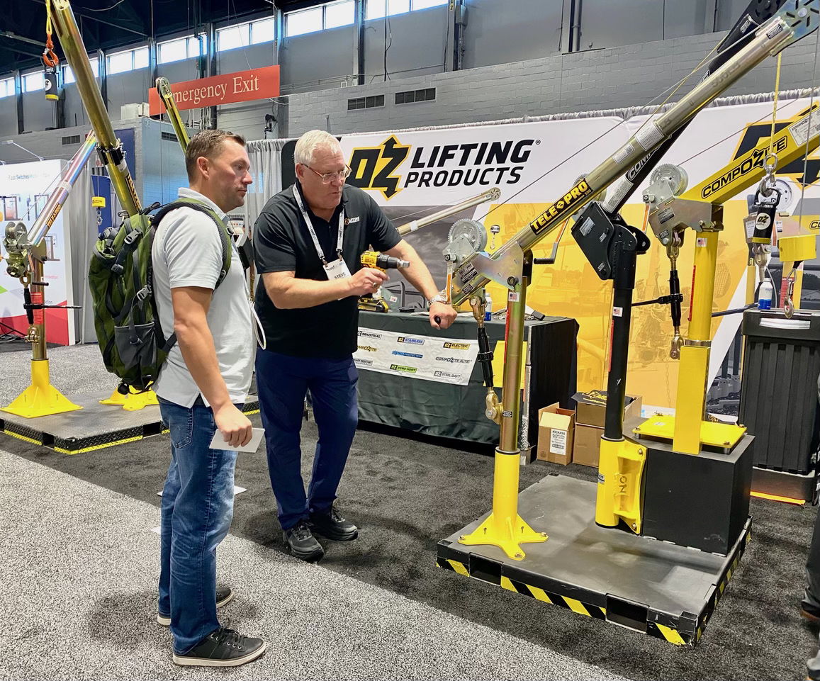 Steve Napieralski, president at OZ Lifting, demos the Tele-Pro davit crane at last year’s WEFTEC.