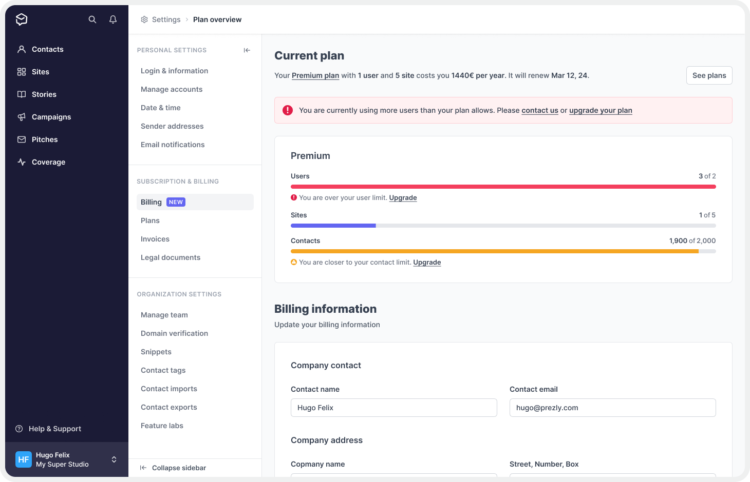 Billing Page (Current Plan - Over Limits)