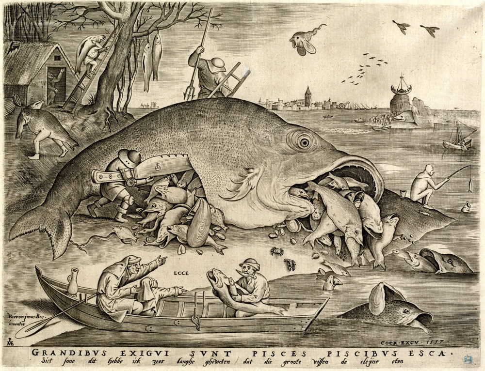 Pieter van der Heyden d’après Pieter Bruegel l’Ancien, Les gros poissons mangent les petits, gravure 22,9 x 29,6 cm, éditée par Hieronymus Cock, Anvers, 1557